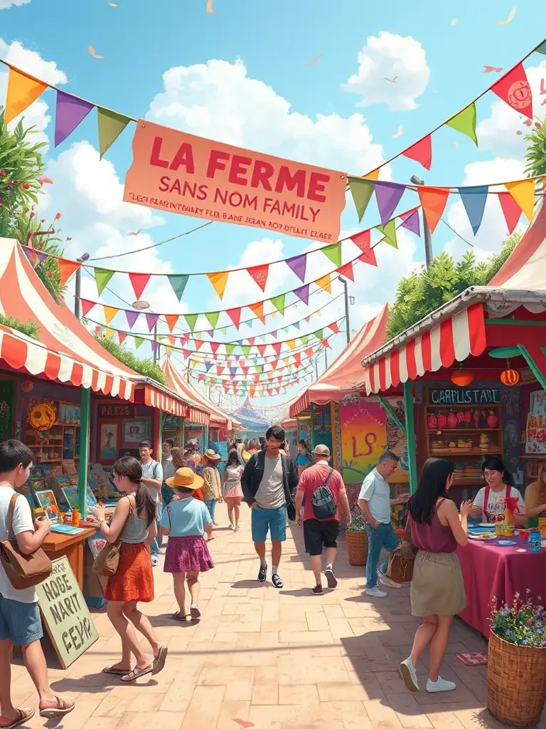 A colorful festival scene with booths showcasing local art, food, and performances, filled with happy attendees.