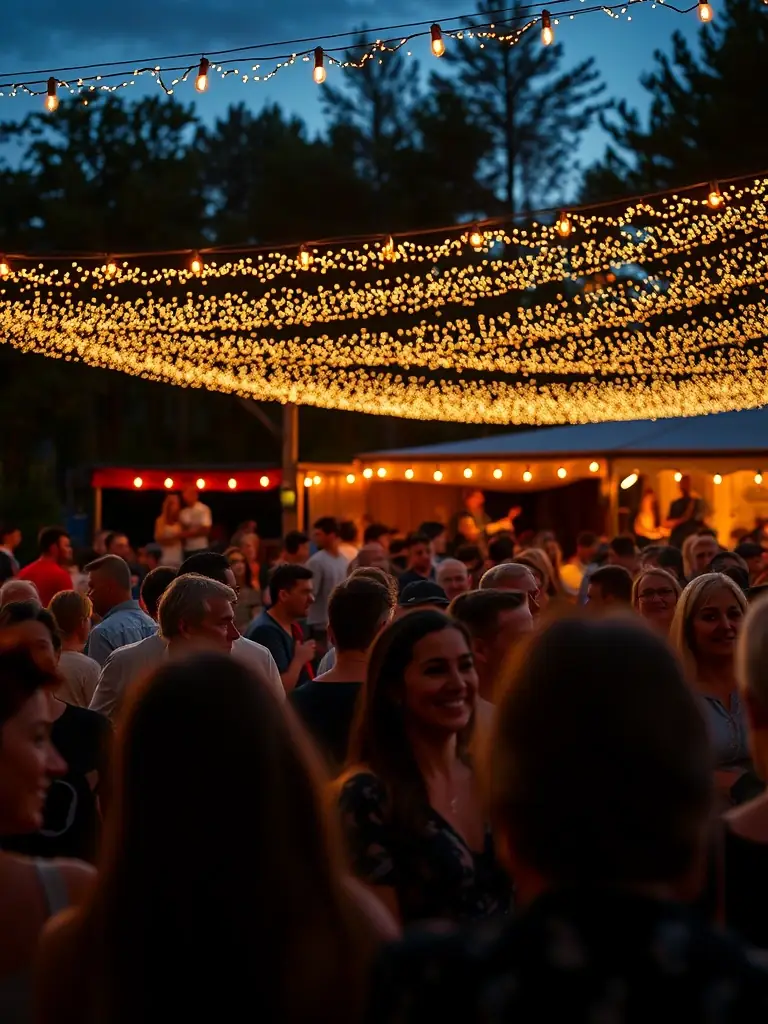 A vibrant outdoor concert featuring local musicians performing in front of an engaged audience under twinkling lights.