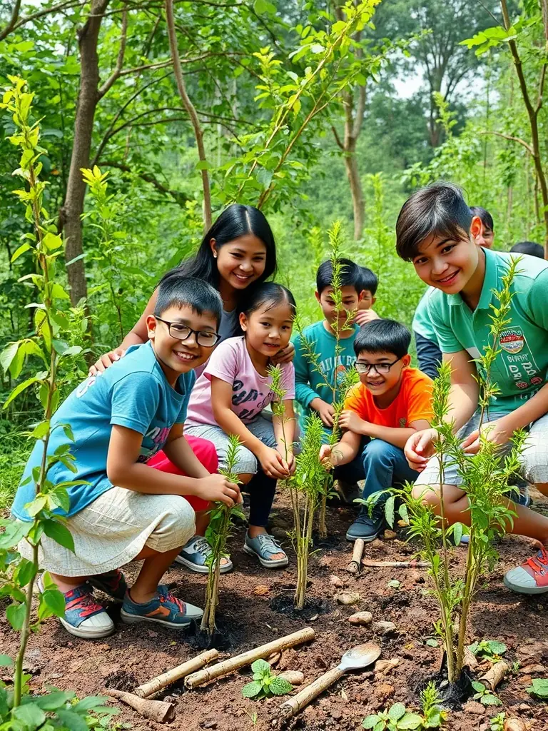 A group of people of different ages are planting a tree together in a rural setting, symbolizing community involvement and environmental stewardship.