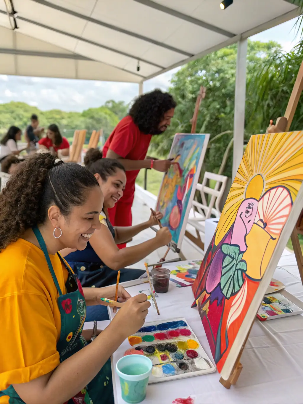 Participants engaged in a lively workshop, creating art and sharing ideas in a collaborative space.
