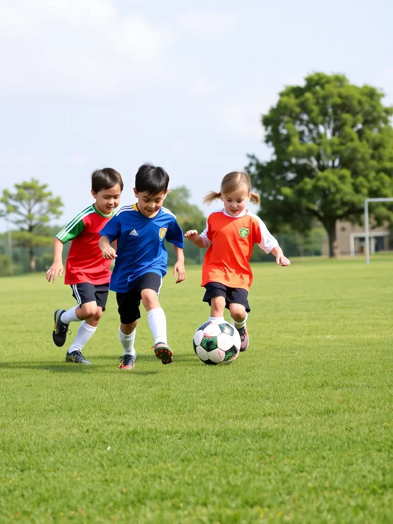 A group of children participating in a summer football camp, learning fundamental skills and enjoying outdoor activity.