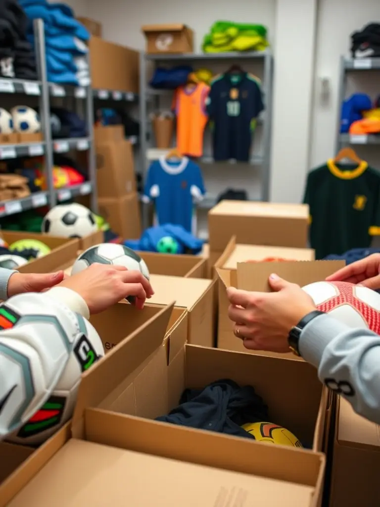 An image of new sports equipment being unpacked and prepared for use, symbolizing the tangible impact of donations on the Union Sportive de Coarraze-Nay's activities.