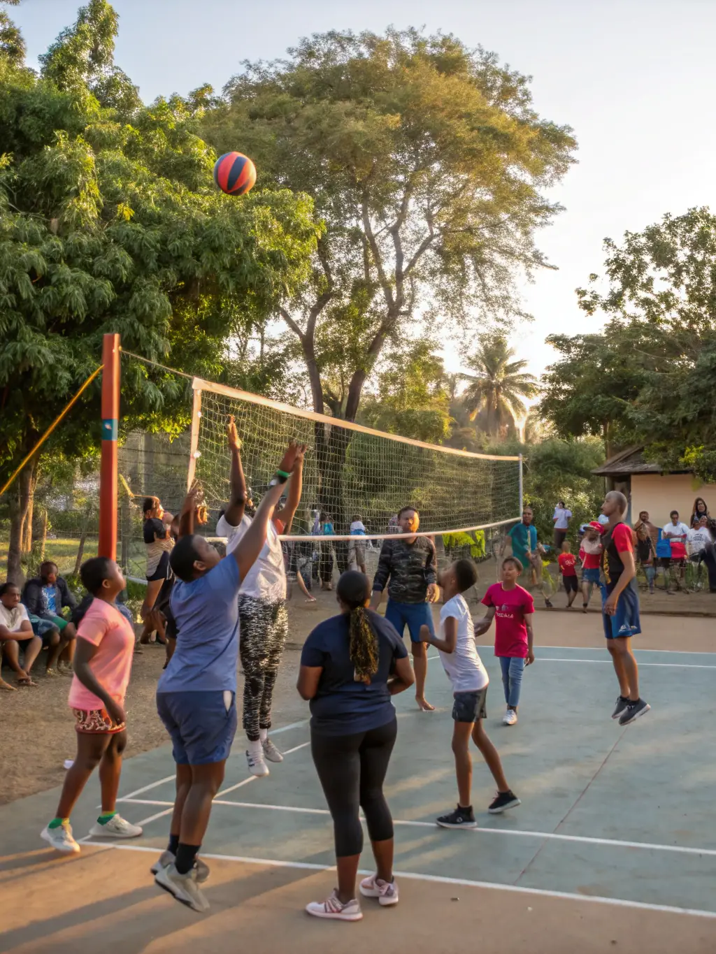 An image of adults playing volleyball in a community sports program, emphasizing inclusivity and active participation.